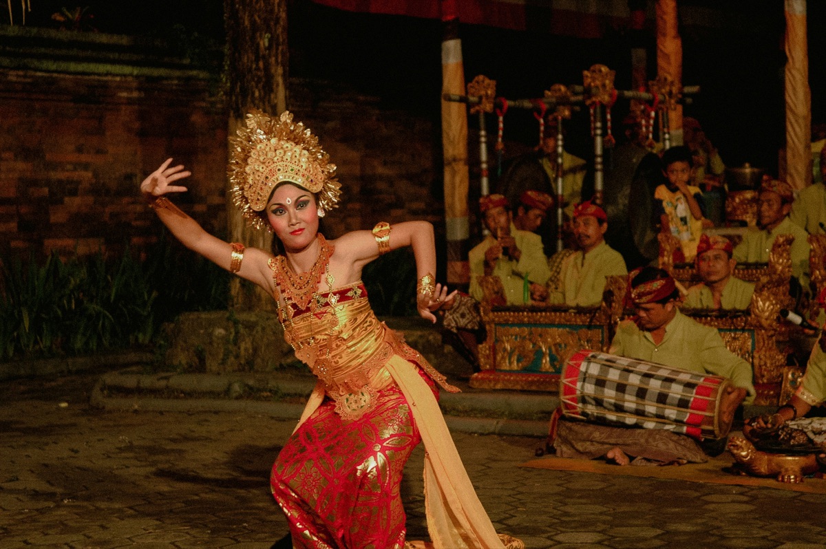 Ramayana Ballet dancer performing with gamelan musicians at Prambanan